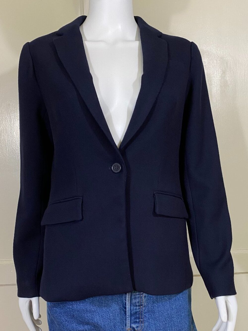 KENAR Navy Blue Single Button Tailored Women’s Knit Blazer Jacket Lined Sz Small